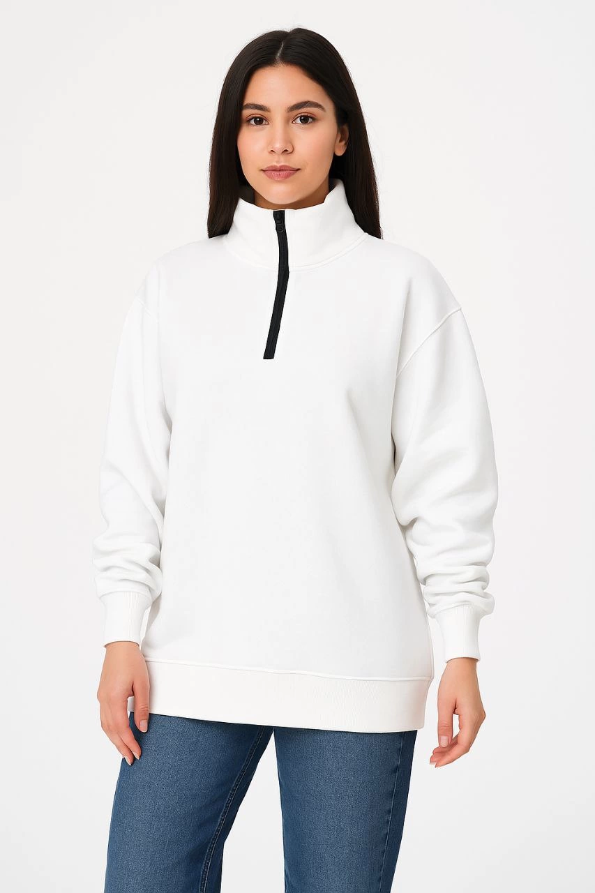 Kadın Üç İplik Dık Yaka Yarım Fermuarlı SweatShirt - Beyaz