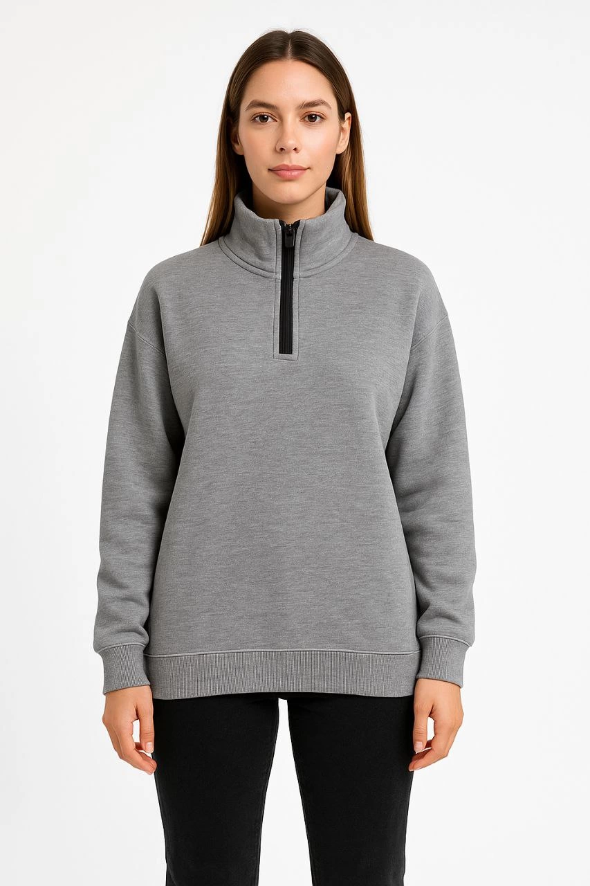 Kadın Üç İplik Dık Yaka Yarım Fermuarlı SweatShirt - Gri