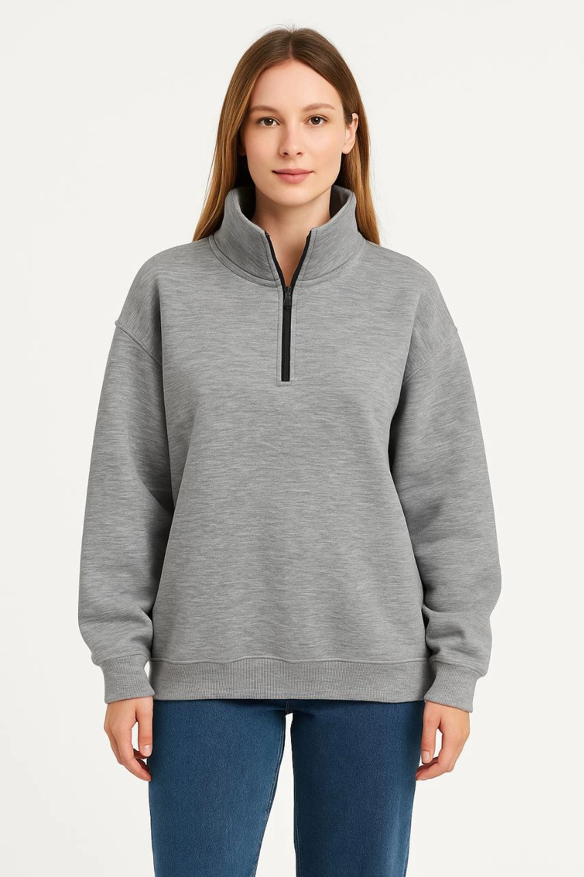 Kadın Üç İplik Dık Yaka Yarım Fermuarlı SweatShirt - Gri