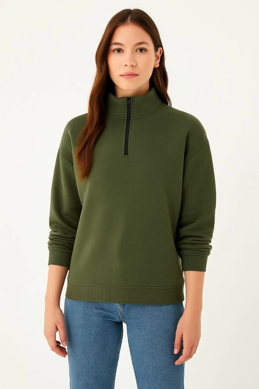 Kadın 3 iplik Dık Yaka Yarım Fermuarlı SweatShirt - Haki