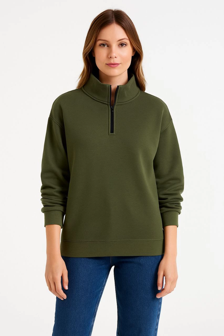 Kadın 3 iplik Dık Yaka Yarım Fermuarlı SweatShirt - Haki