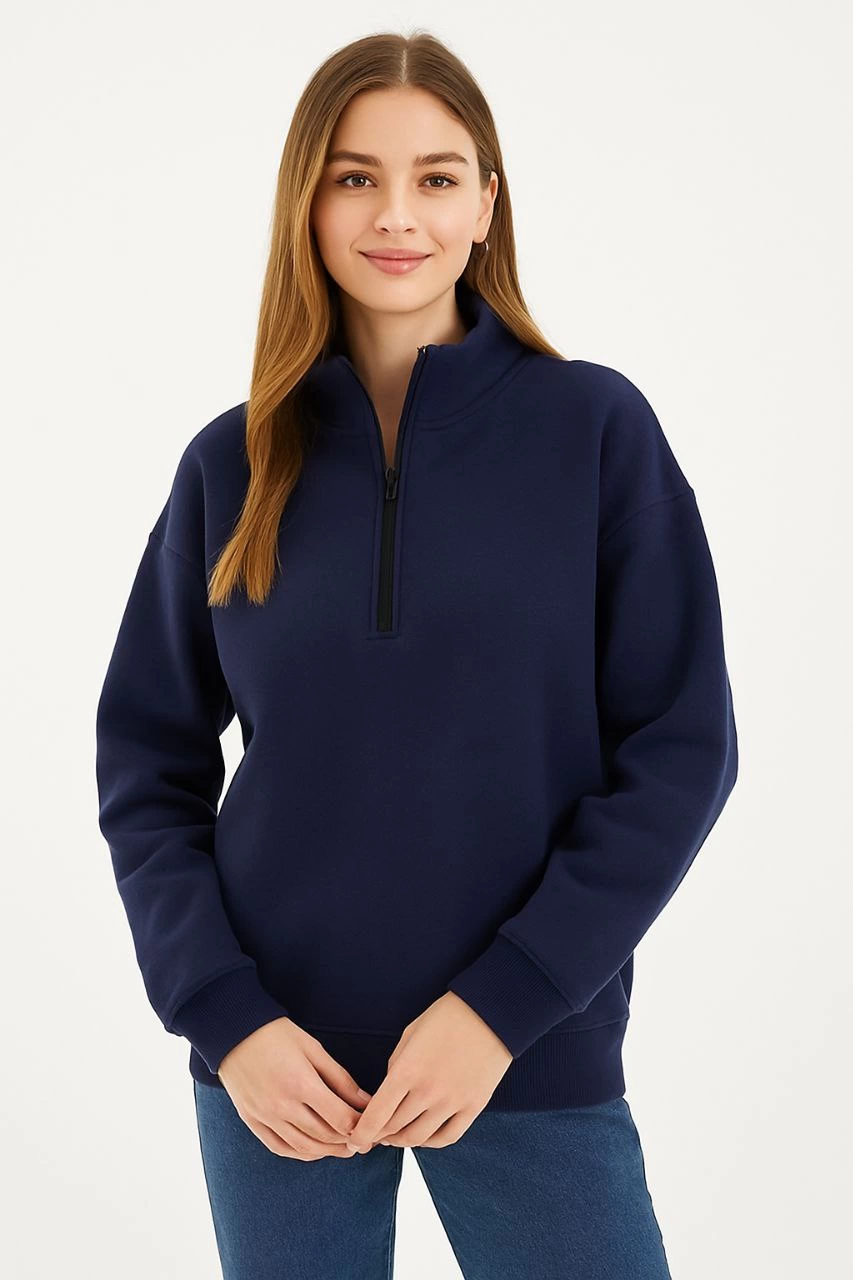 Kadın Üç İplik Dık Yaka Yarım Fermuarlı SweatShirt - Lacivert