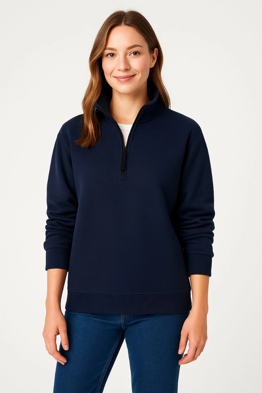 Kadın Üç İplik Dık Yaka Yarım Fermuarlı SweatShirt - Lacivert