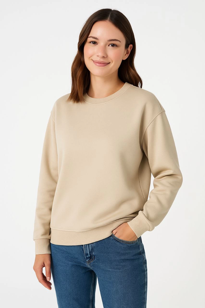 Kadın Üç İplik Pamuklu Düz Bisiklet Yaka SweatShirt - Bej