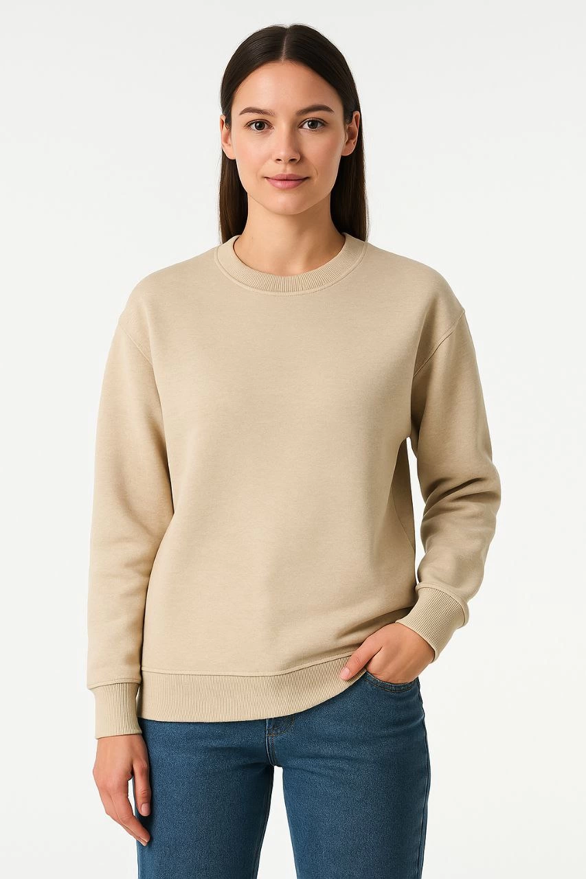 Kadın Üç İplik Pamuklu Düz Bisiklet Yaka SweatShirt - Bej