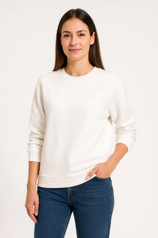 Kadın Üç İplik Pamuklu Düz Bisiklet Yaka SweatShirt - Beyaz