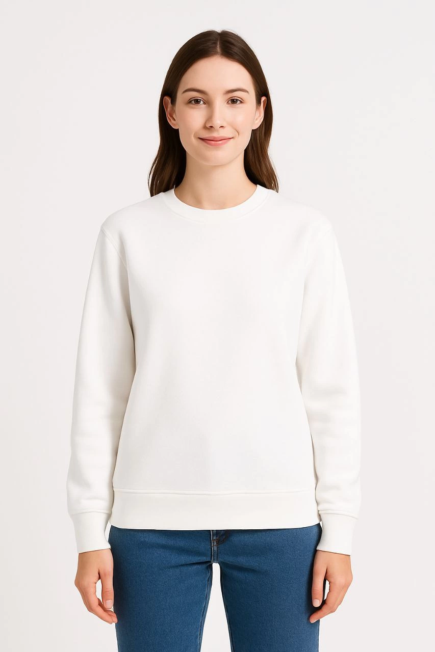 Kadın Üç İplik Pamuklu Düz Bisiklet Yaka SweatShirt - Beyaz