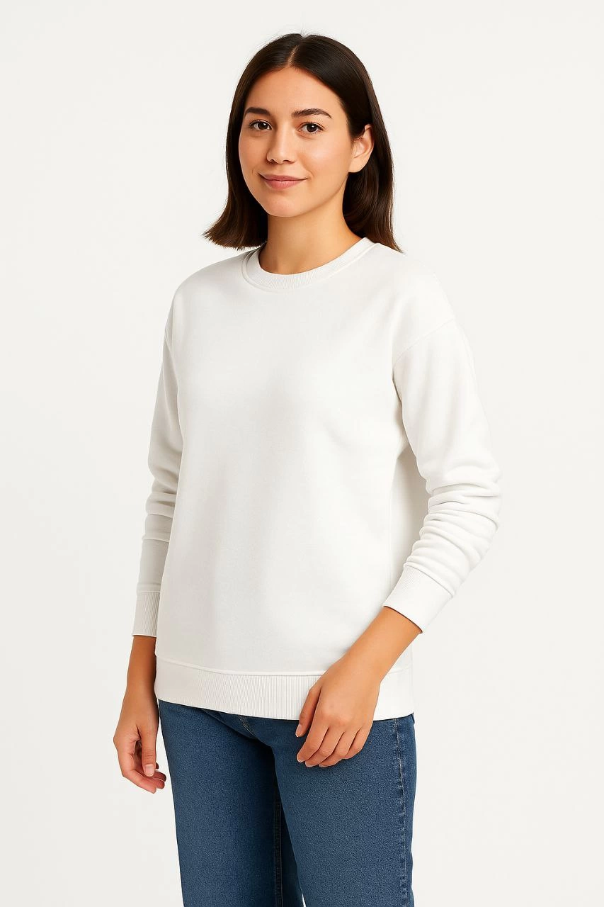 Kadın Üç İplik Pamuklu Düz Bisiklet Yaka SweatShirt - Beyaz