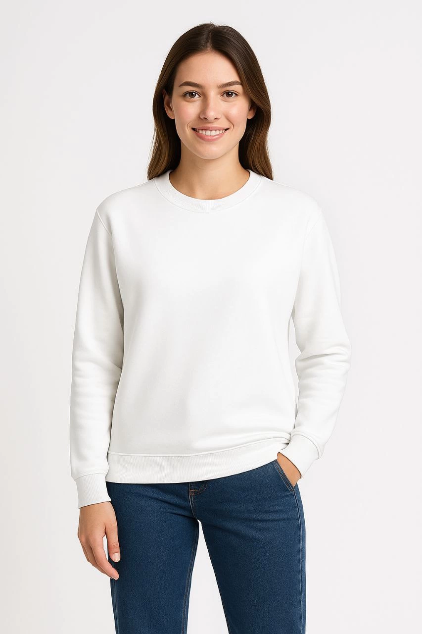 Kadın Üç İplik Pamuklu Düz Bisiklet Yaka SweatShirt - Beyaz