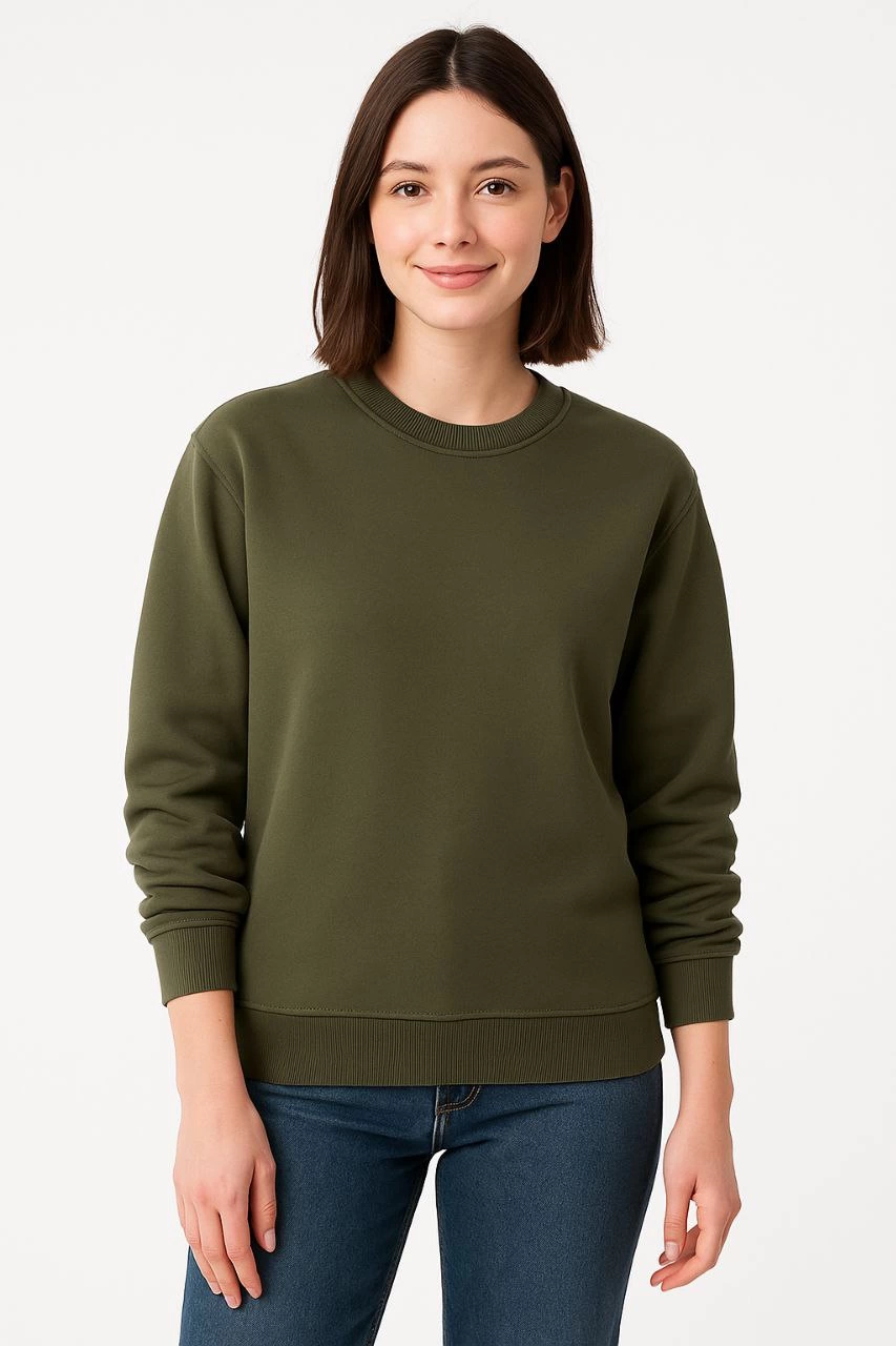 Kadın Üç İplik Pamuklu Düz Bisiklet Yaka SweatShirt - Haki