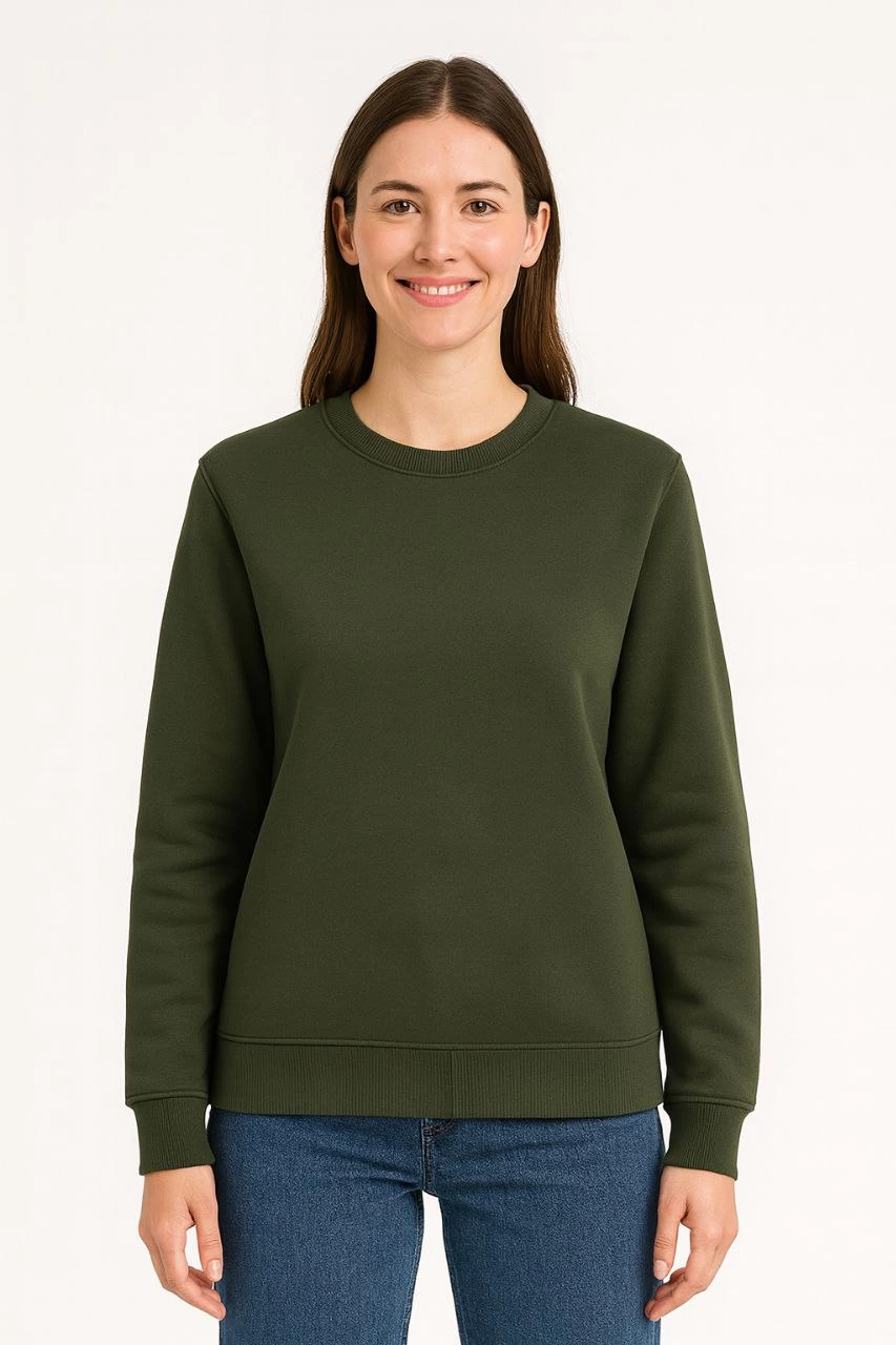 Kadın Üç İplik Pamuklu Düz Bisiklet Yaka SweatShirt - Haki