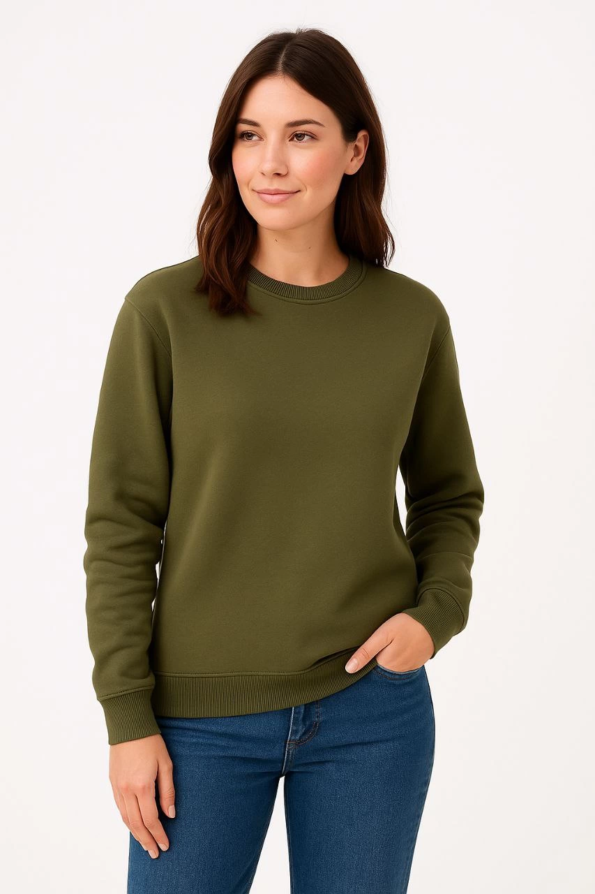 Kadın Üç İplik Pamuklu Düz Bisiklet Yaka SweatShirt - Haki