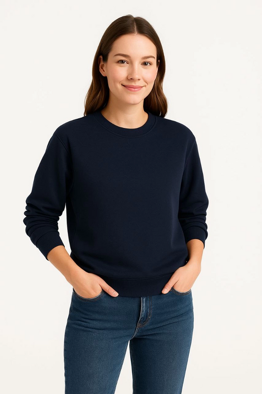 Kadın Üç İplik Pamuklu Düz Bisiklet Yaka SweatShirt - Lacivert