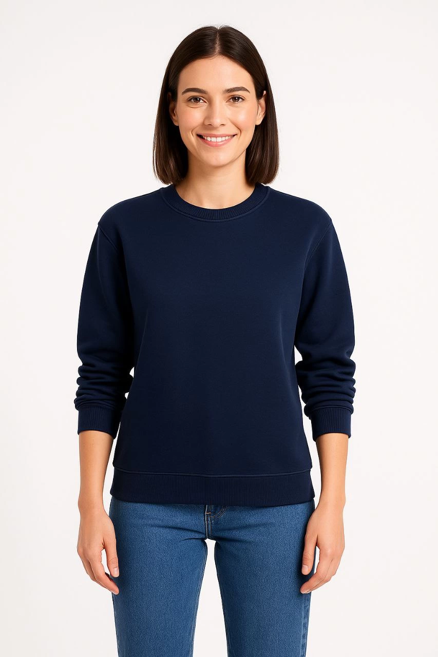 Kadın Üç İplik Pamuklu Düz Bisiklet Yaka SweatShirt - Lacivert