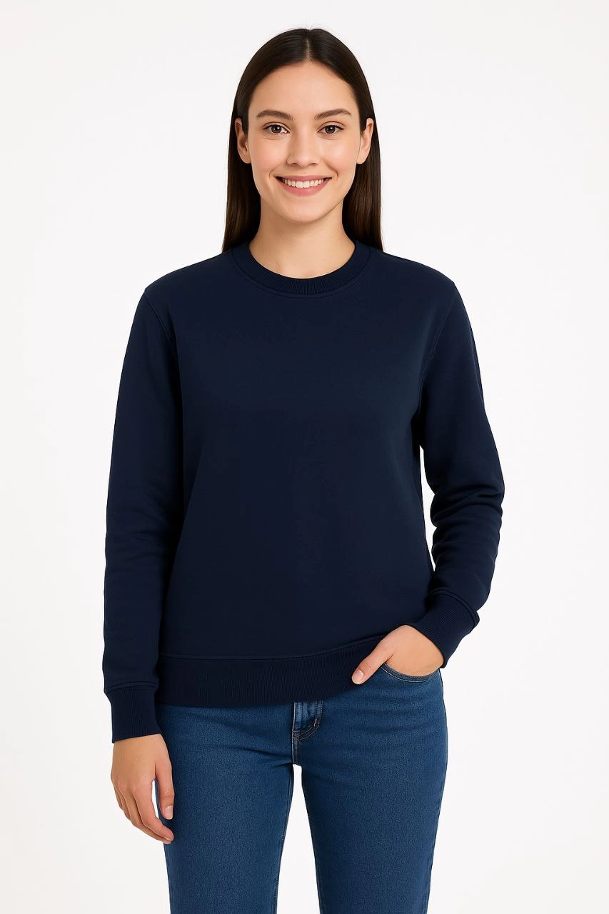 Kadın Üç İplik Pamuklu Düz Bisiklet Yaka SweatShirt - Lacivert