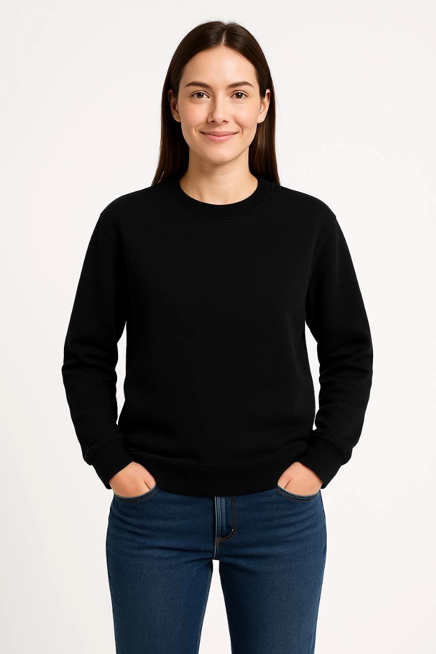 Kadın Üç İplik Düz Bisiklet Yaka SweatShirt - Siyah