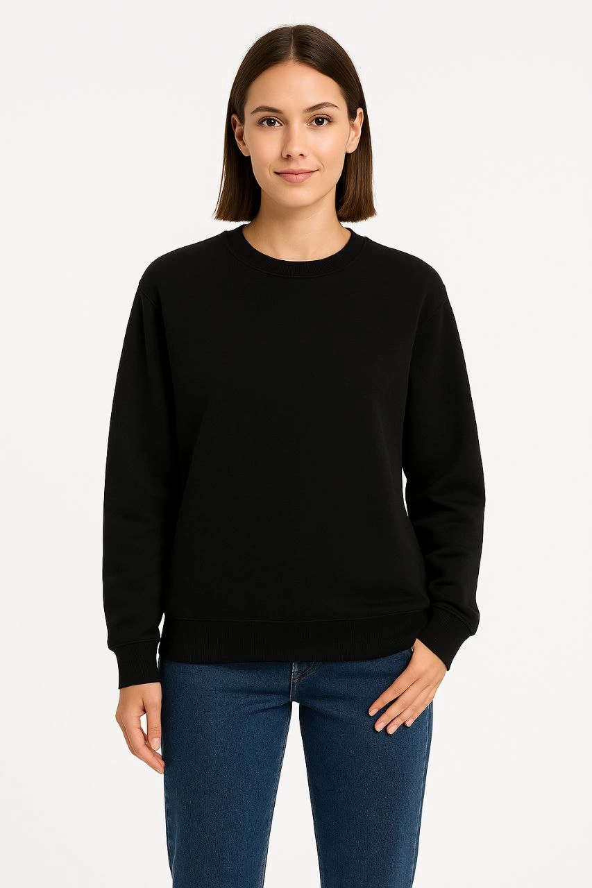 Kadın Üç İplik Düz Bisiklet Yaka SweatShirt - Siyah