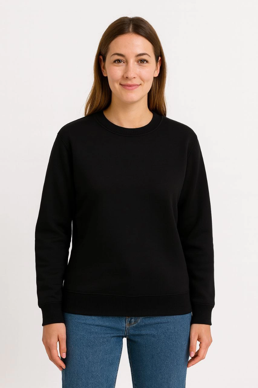 Kadın Üç İplik Düz Bisiklet Yaka SweatShirt - Siyah