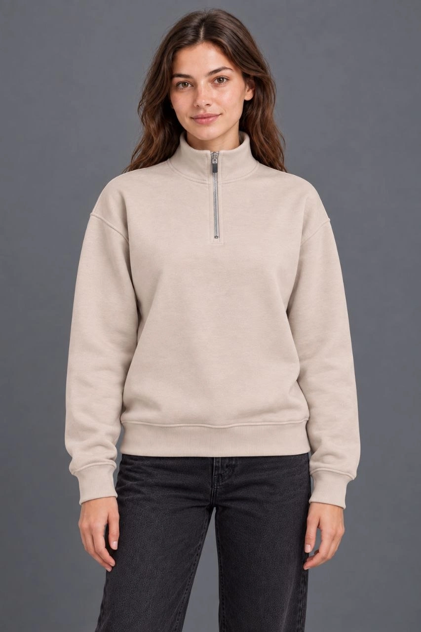 Kadın Üç İplik İçi Şardonlu Dik Yaka Yarım Fermuarlı Kışlık Sweatshirt - Bej