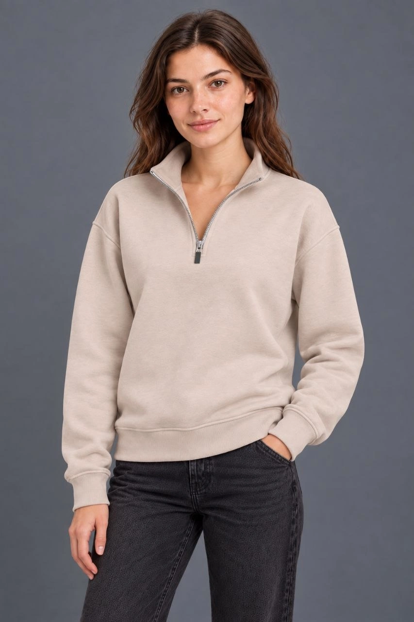 Kadın Üç İplik İçi Şardonlu Dik Yaka Yarım Fermuarlı Kışlık Sweatshirt - Bej