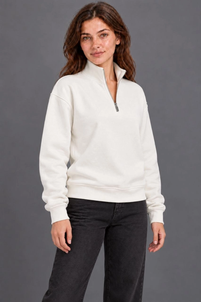 Kadın Üç İplik İçi Şardonlu Dik Yaka Yarım Fermuarlı Kışlık Sweatshirt - Beyaz