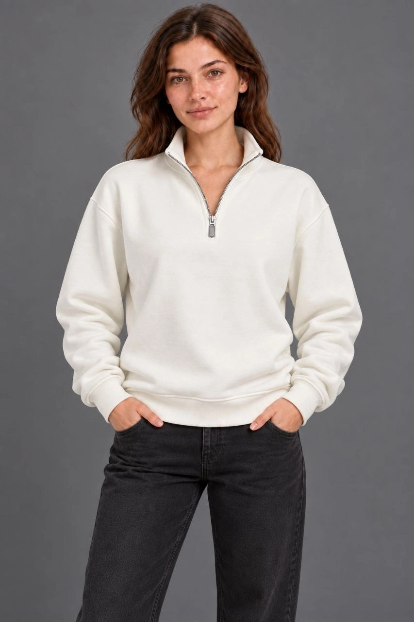 Kadın Üç İplik İçi Şardonlu Dik Yaka Yarım Fermuarlı Kışlık Sweatshirt - Beyaz