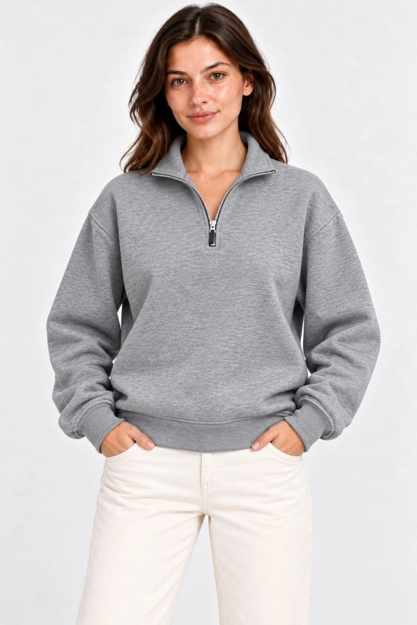 Kadın Üç İplik İçi Şardonlu Dik Yaka Yarım Fermuarlı Kışlık Sweatshirt - Grİ
