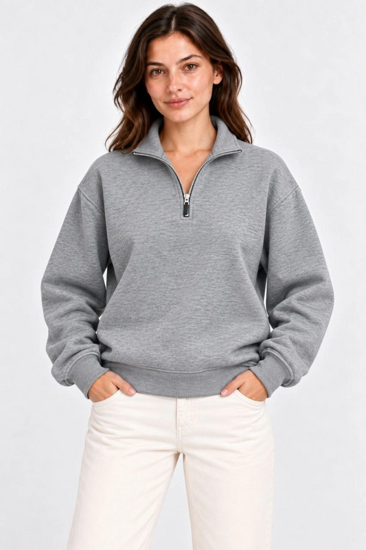 Kadın Üç İplik İçi Şardonlu Dik Yaka Yarım Fermuarlı Kışlık Sweatshirt - Grİ