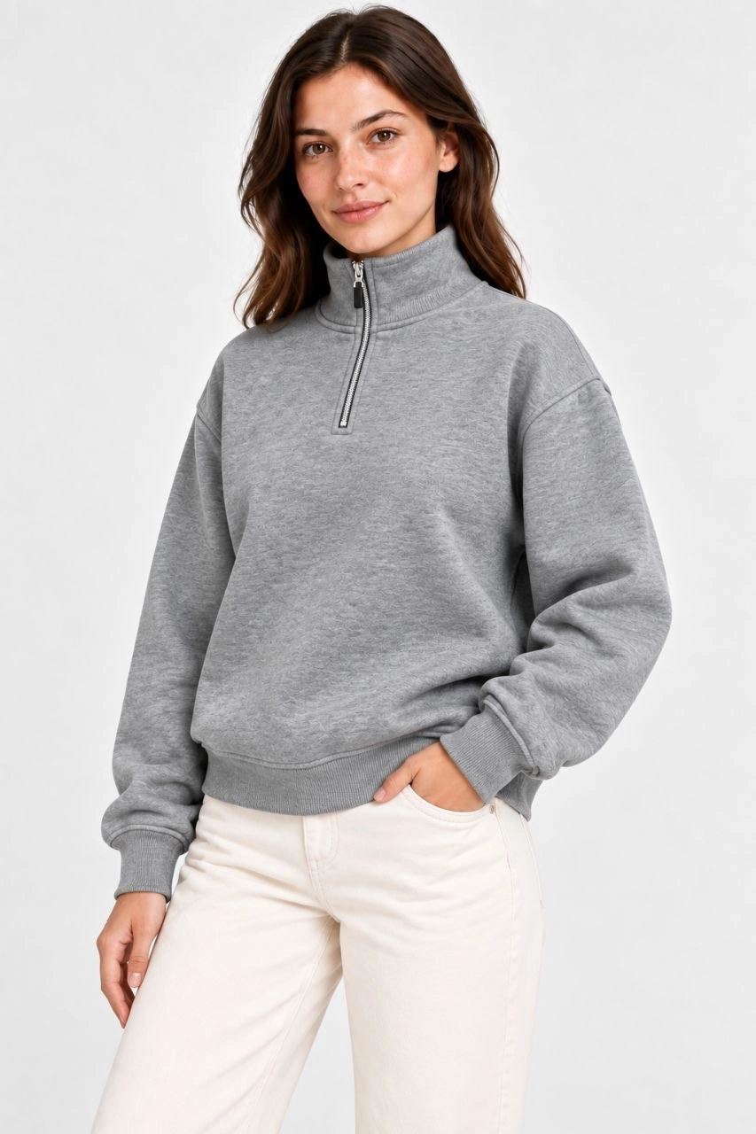 Kadın Üç İplik İçi Şardonlu Dik Yaka Yarım Fermuarlı Kışlık Sweatshirt - Grİ