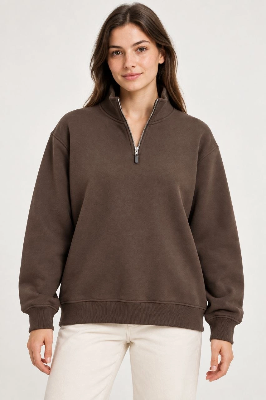 Kadın Üç İplik İçi Şardonlu Dik Yaka Yarım Fermuarlı Kışlık Sweatshirt - Kahverengi