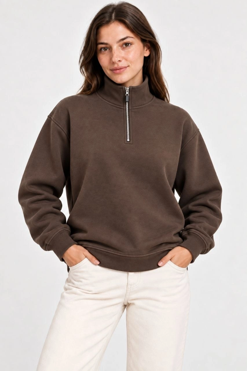 Kadın Üç İplik İçi Şardonlu Dik Yaka Yarım Fermuarlı Kışlık Sweatshirt - Kahverengi