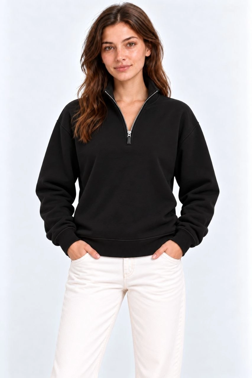 Kadın Üç İplik İçi Şardonlu Dik Yaka Yarım Fermuarlı Kışlık Sweatshirt - Siyah