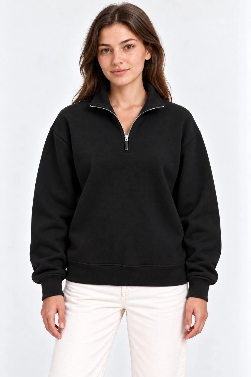 Kadın Üç İplik İçi Şardonlu Dik Yaka Yarım Fermuarlı Kışlık Sweatshirt - Siyah