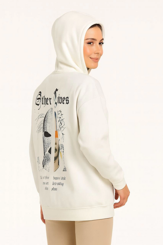 Kadın Kapşonlu Sweatshirt Oversize Üç İplik Şardonlu Other Lives Ön Arka Baskılı - Beyaz