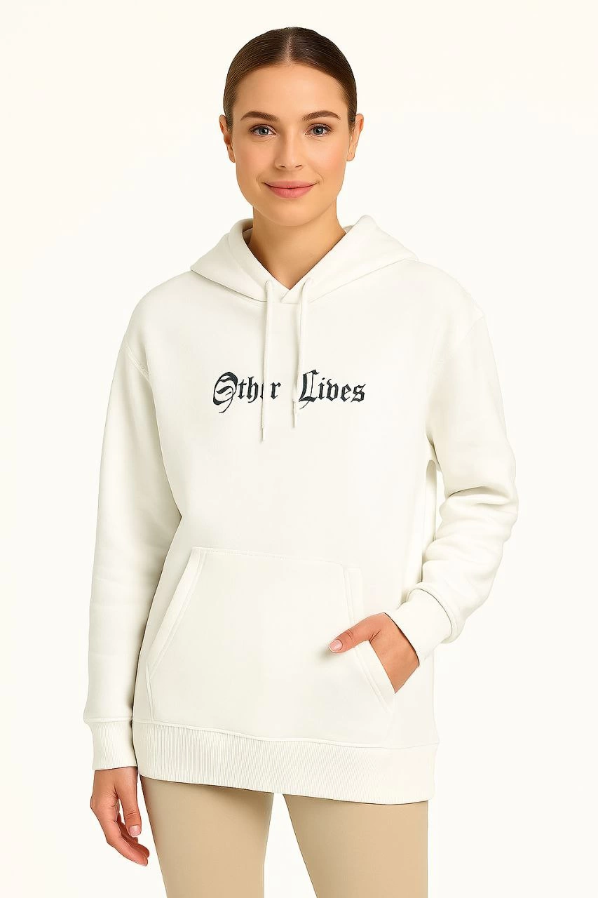 Kadın Oversize Üç İplik Şardonlu Kapüşonlu Sweatshirt Beyaz Other Lives Ön ve Arka Baskılı
