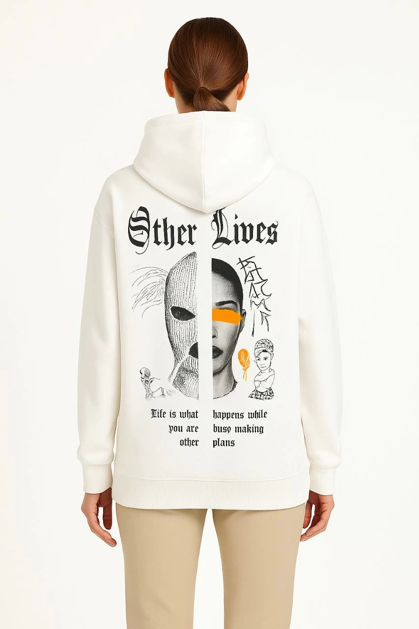 Kadın Kapşonlu Sweatshirt Oversize Üç İplik Şardonlu Other Lives Ön Arka Baskılı - Beyaz