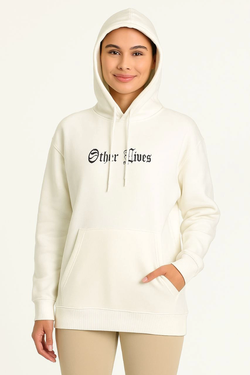 Kadın Kapşonlu Sweatshirt Oversize Üç İplik Şardonlu Other Lives Ön Arka Baskılı - Beyaz