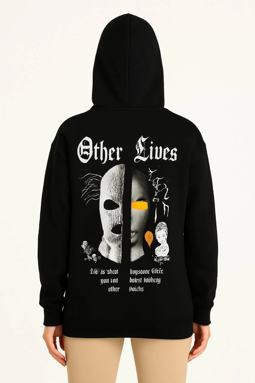 Kadın Kapşonlu Sweatshirt Oversize Üç İplik Şardonlu Other Lives Ön Arka Baskılı - Siyah