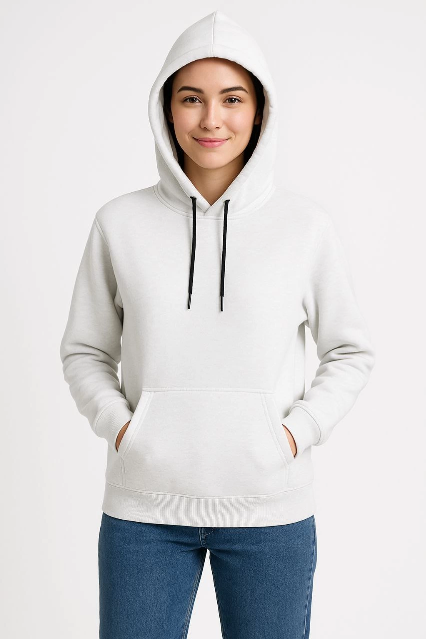 Kadın Üç İplik Pamuklu Kapüşonlu Kanguru Çepli SweatShirt hoodie - Beyaz