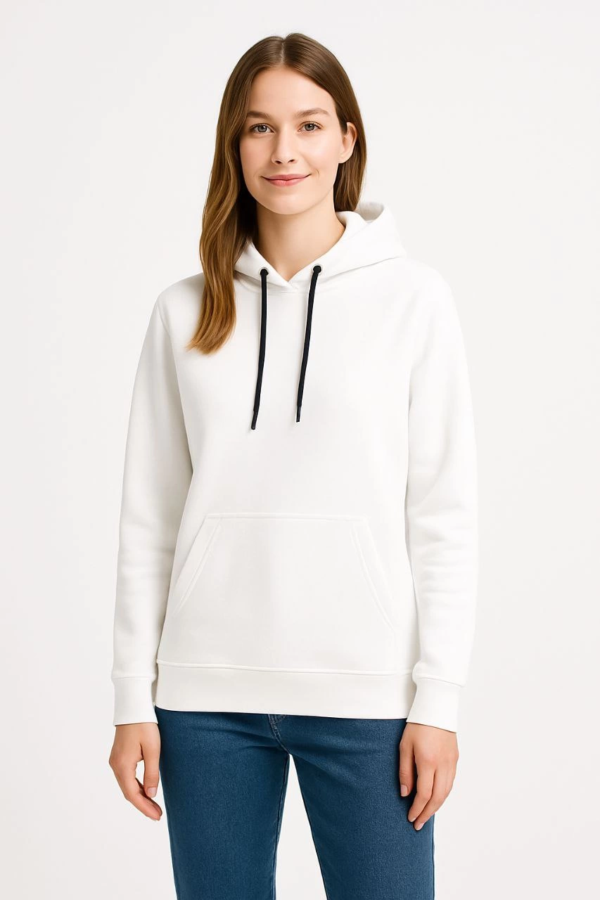 Kadın Üç İplik Pamuklu Kapüşonlu Kanguru Çepli SweatShirt hoodie - Beyaz
