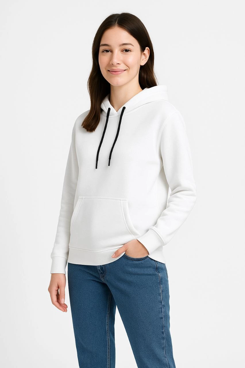 Kadın Üç İplik Pamuklu Kapüşonlu Kanguru Çepli SweatShirt hoodie - Beyaz