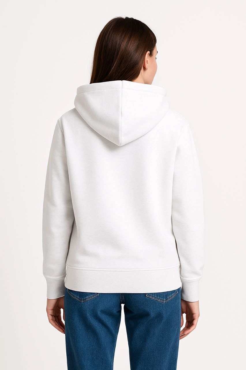 Kadın Üç İplik Pamuklu Kapüşonlu Kanguru Çepli SweatShirt hoodie - Beyaz