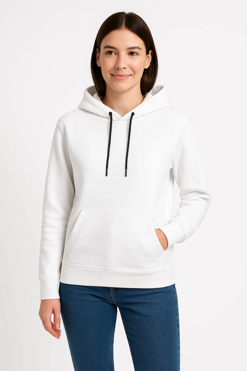 Kadın Üç İplik Pamuklu Kapüşonlu Kanguru Çepli SweatShirt hoodie - Beyaz