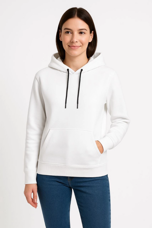 Kadın Üç İplik Pamuklu Kapüşonlu Kanguru Çepli SweatShirt hoodie - Beyaz
