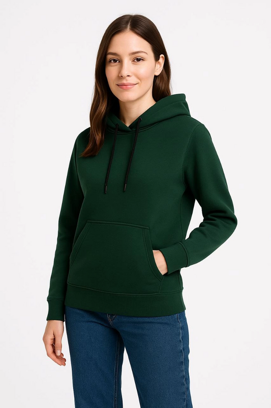 Kadın Üç İplik Pamuklu Kapüşonlu Kanguru Cepli Sweatshirt hoodie - Haki