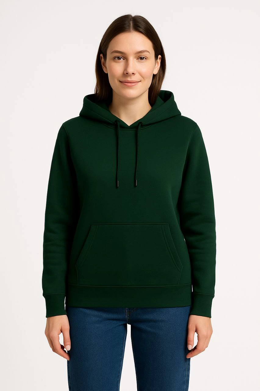Kadın Üç İplik Pamuklu Kapüşonlu Kanguru Cepli Sweatshirt hoodie - Haki