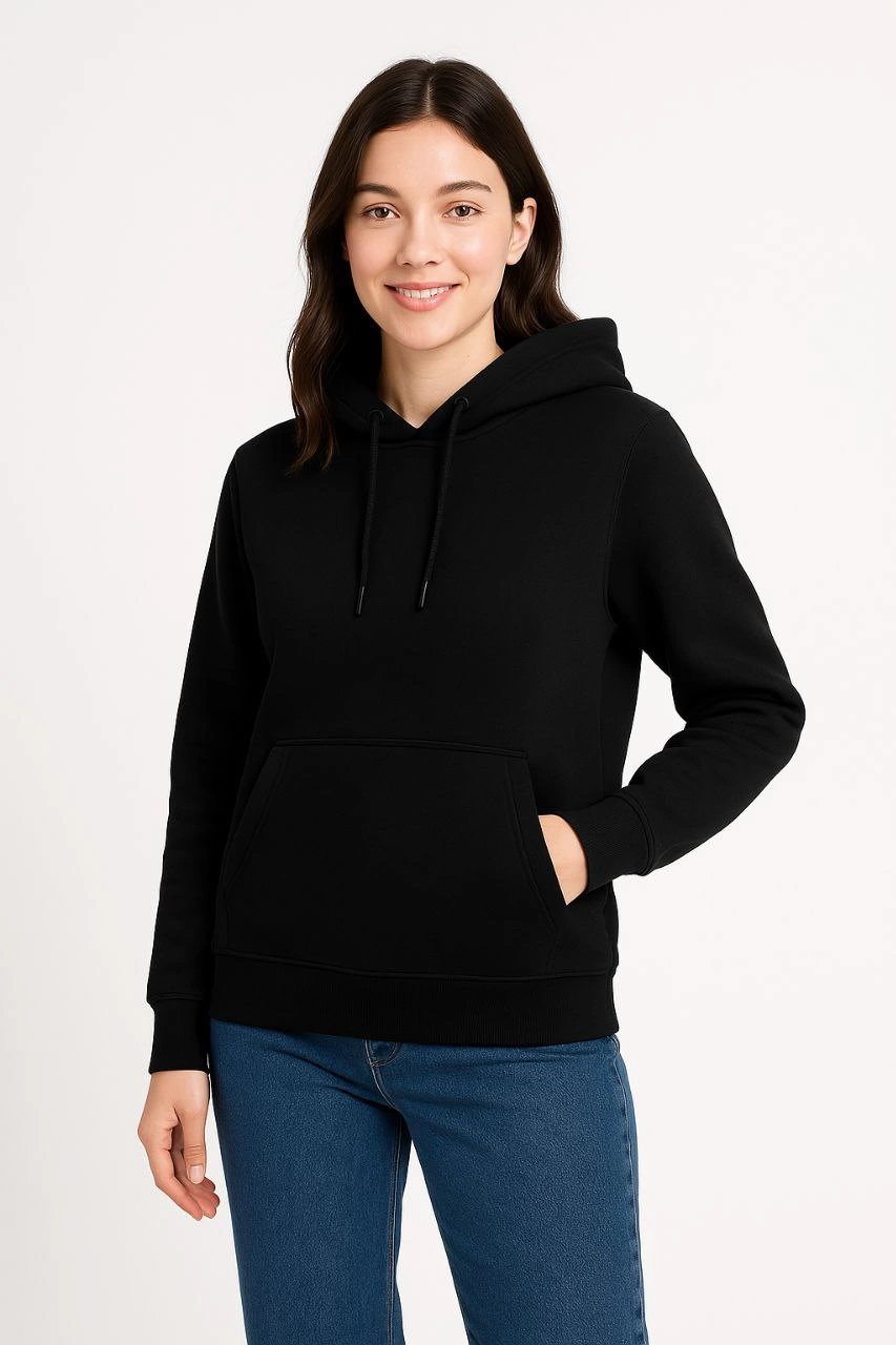 Kadın Üç İplik Pamuklu Kapüşonlu Kanguru Cepli Sweatshirt hoodie - Siyah