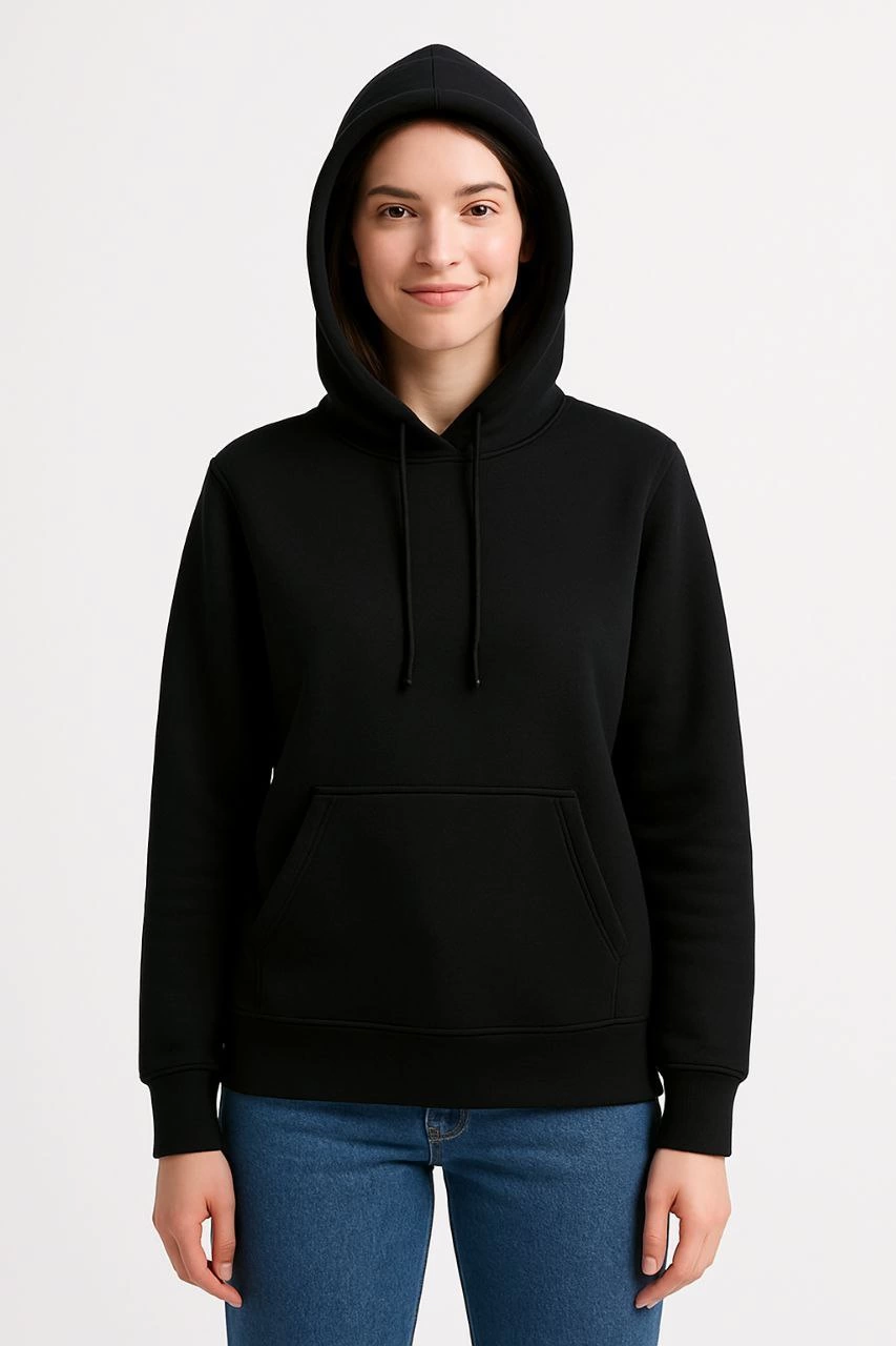 Kadın Üç İplik Pamuklu Kapüşonlu Kanguru Cepli Sweatshirt hoodie - Siyah
