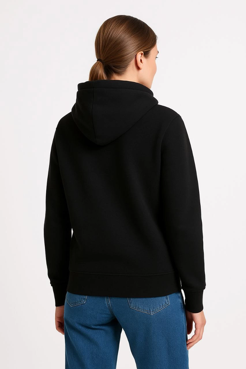 Kadın Üç İplik Pamuklu Kapüşonlu Kanguru Cepli Sweatshirt hoodie - Siyah
