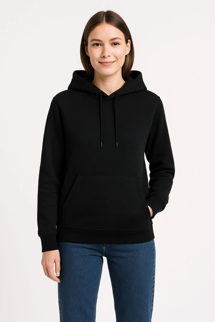 Kadın Üç İplik Pamuklu Kapüşonlu Kanguru Cepli Sweatshirt hoodie - Siyah